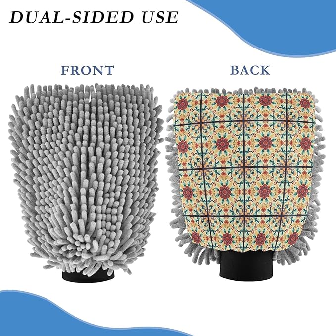 Qilmy Mediterranean Tile Pattern Microfiber Chenille Car Wash Sponge Scratch Free Car Wash Mitt Absorbent Mitt Sponge for Trucks SUVs Car Washing Home Cleaning, Medium