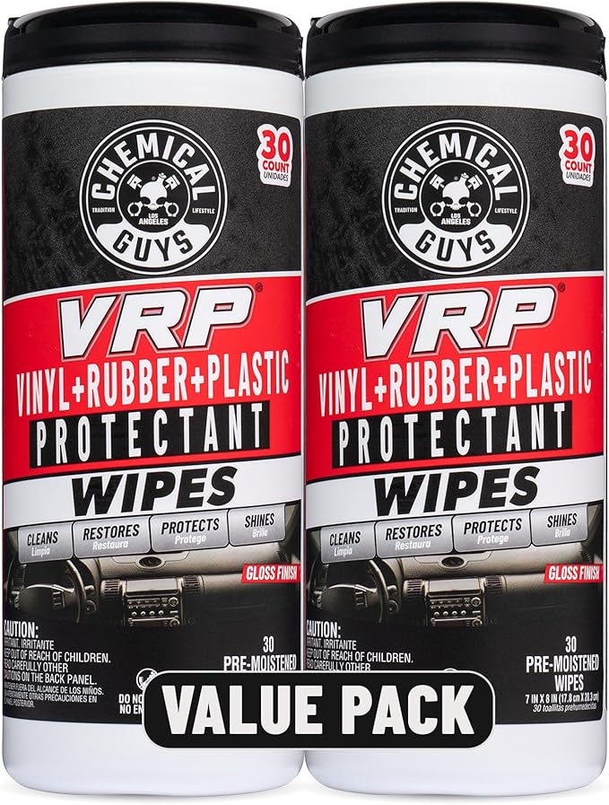 Chemical Guys VRP Vinyl, Rubber, Plastic Shine and Protectant Wipes Canister (30 ct) (2 Pack) – Quick Detail Wipes for Interior & Exterior Surfaces