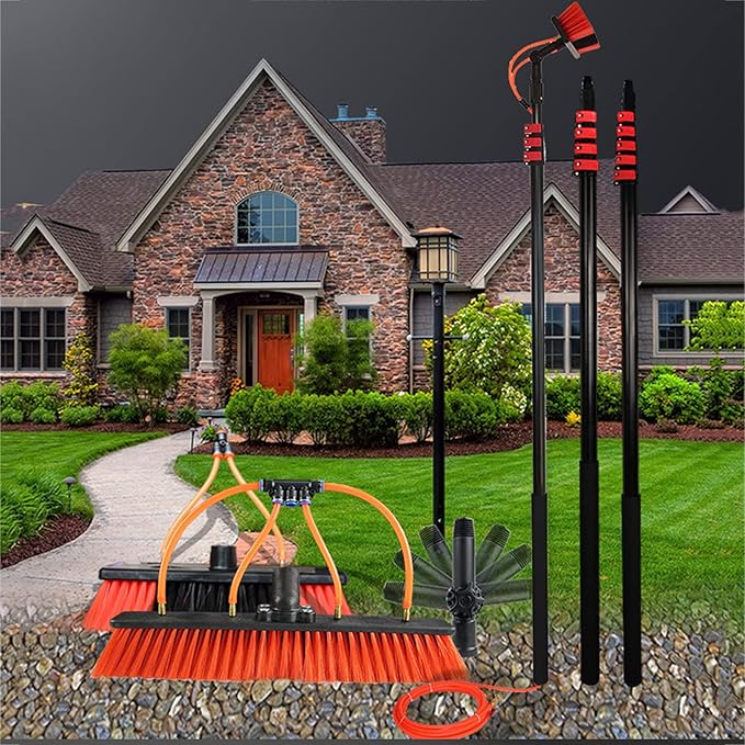 Telescoping Extension Pole with Water Fed Brush – Adjustable Window Cleaner for Solar Panels Roofs Decks RVs – Long Reach Telescopic Cleaning Tool for Easy Outdoor Cleaning