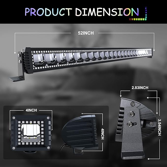 52" RGB LED Light Bar 2Pcs 4" Flood LED Pods with Multi-Color Chasing RGB Halo 16 Solid Colors Over 92 Flashing Modes Offroad Lights Driving Lamp Fog Lights with Switch Wiring Harness