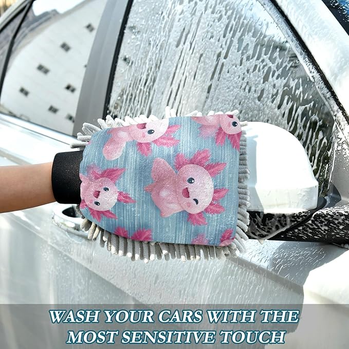 Car Cleaning Mitt Cute Pink Axolotls on Blue Chenille Microfiber Washing Gloves Wash Mitt for Car Washing and Detailing, 8.07" x 11.8"