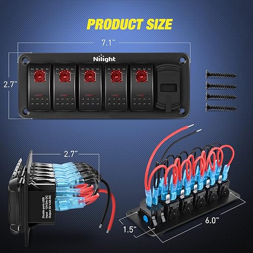 Nilight 5 Gang Rocker Switch Panel Red Backlit with 4.8 Amp Dual USB Charger Voltmeter Waterproof 12V 24V DC Switches with Night Glow Stickers for Car Trucks Boats RVs