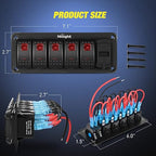 Nilight 5 Gang Rocker Switch Panel Red Backlit with 4.8 Amp Dual USB Charger Voltmeter Waterproof 12V 24V DC Switches with Night Glow Stickers for Car Trucks Boats RVs