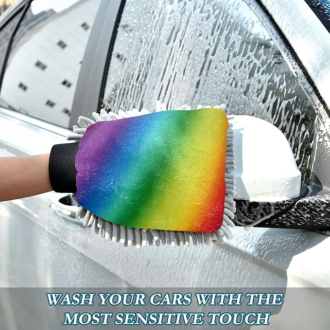 Wudan Rainbow Wash Mitt Microfiber 11.8'' Car Mitts for Washing Scratch Free Detailing Gloves for Auto Cleaning
