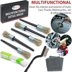 TAKAVU Complete Car Detailing Brush Kit (10 Piece) - Boar Hair Detail, Wire & Vent Brushes with Microfiber Towel for Wheels, Interior, Engine Bay Cleaning