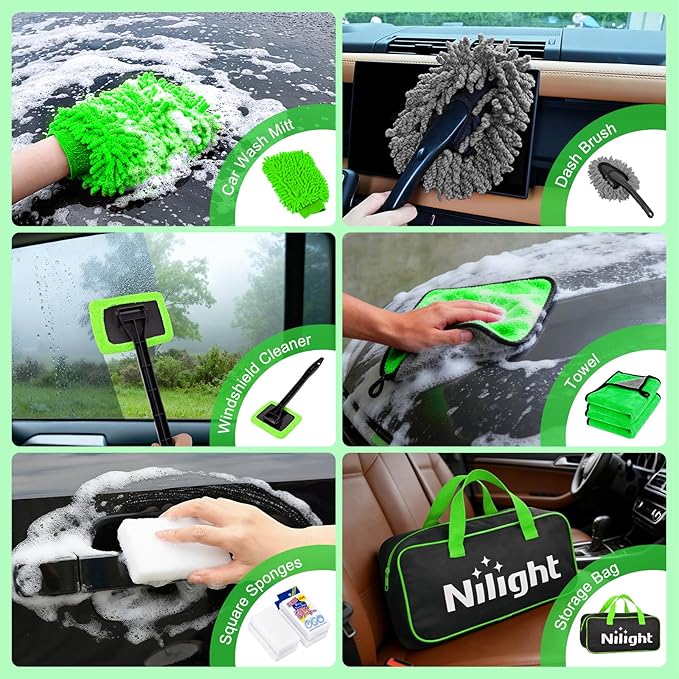 Nilight 52PCS Car Detailing Kit Auto Cleaning Tools Wash Set with Storage Carry Bag Home Use for Interior Exterior Deep Clean Polish Car Care Windshield Dashboard Seat Air Vents Wheels Tires, Green