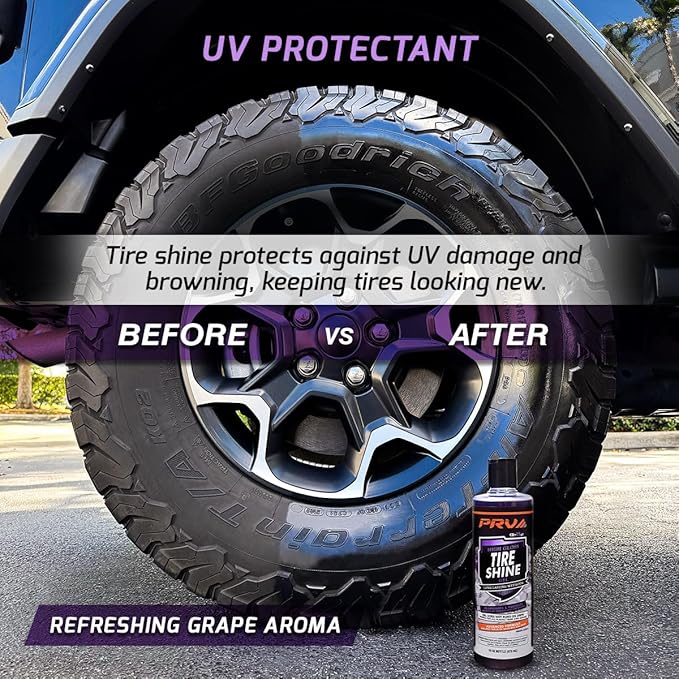 PRV AUDIO Wet Look Gel Tire Shine Dressing | High Gloss Tire, Trim, Plastic & Rubber – Restores Deep Black Shine and Protection | No Sling & Dries Quickly 16 fl oz Kit with Applicator - Grape Scent