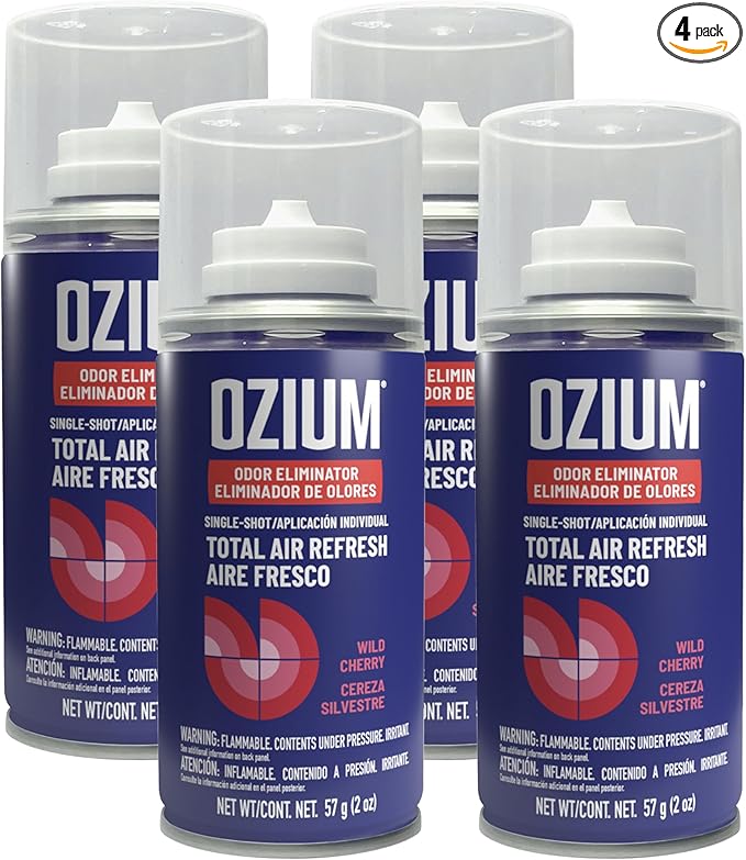 Ozium Air Freshener, Anywhere Odor Eliminator ™, 2oz Single Shot Total Air Refresh & Car Air Freshener - Wild Cherry - 4 Pack