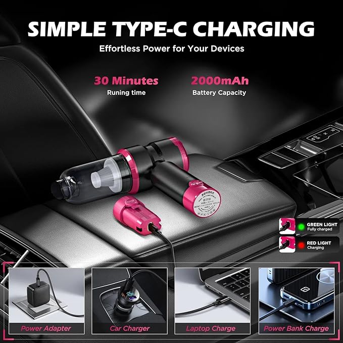 Handheld Car Vacuum Cleaner, 4-in-1 Cordless Rechargeable Mini Vacuum with Air Duster – Quickly Clean Crumbs, Pet Hair & Crevices in Car, Office, Home. Ideal for Commuters & Office Workers (Green)