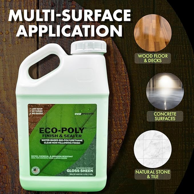 Eco-Poly Polyurethane Sealer — Non-Toxic, Low Odor, Quick-Dry Water Based Protective Spar Varnish for Indoor & Outdoor, Clear Gloss 1 Gallon Polyurethane Sealant for Wood, Concrete, Multiple Surfaces