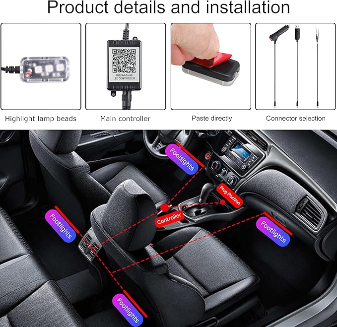 RGB Car Footwell Ambient Lighting Kit Car Charger + USB 16.7 Millions Colors Sound Active Music Sync APP Control + RF Remote Controller Car Interior Multicolored Footwell Atmosphere Light 12V