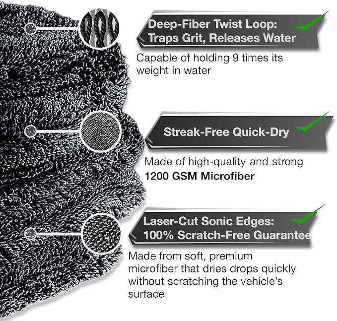Microfiber Towel for Drying Cars - 24"x36" Jumbo Size, 1200 GSM Ultra-Thick, Scratch-Free & Super Absorbent, Zero-Lint Cloth for Car, Truck & SUV Pro Detailing - Dries Entire Vehicle in One Pass