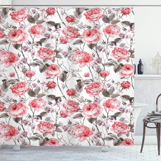 Ambesonne Rose Shower Curtain, Classic Vintage Floral Pattern Watercolor Style Bouquet of English Roses Wildflowers, Cloth Fabric Bathroom Decor Set with Hooks, 69" W x 75" L, Coral Taupe
