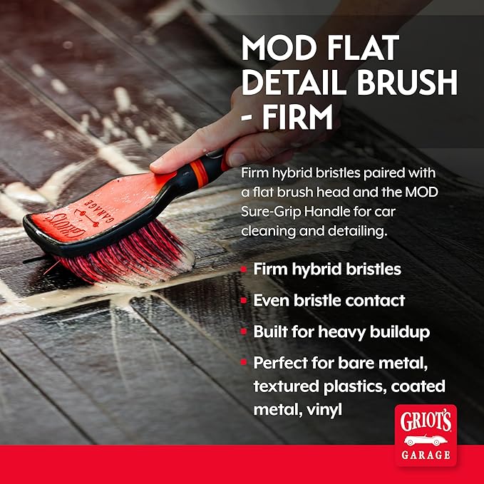 Griot's Garage Firm MOD Flat Detailing Brush Head and Handle, Bristle Scrubber for Interior and Exterior Car Detailing, Heavy-Duty Cleaning, Standard Size