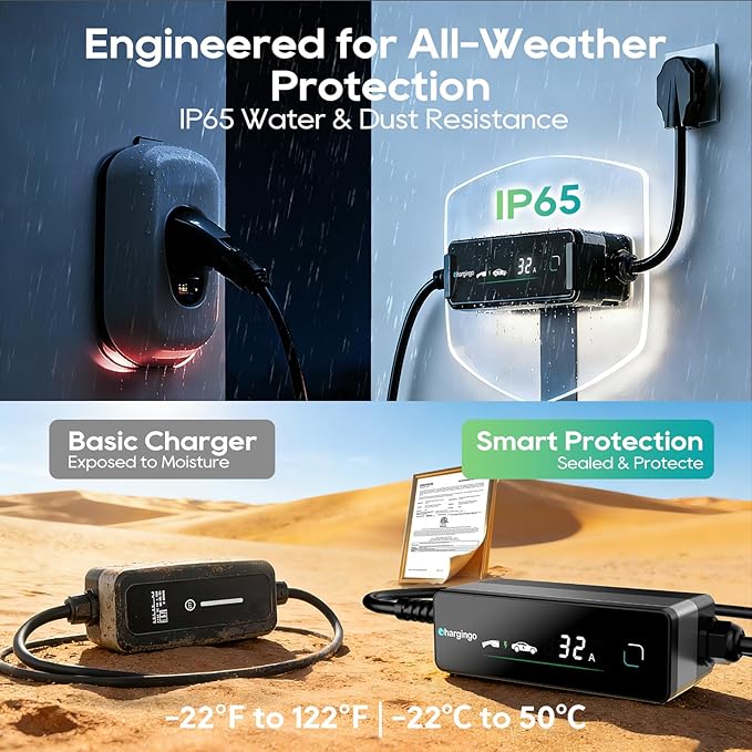 Level 2 EV Charger for SAE J1772 E, 32A 240V Portable EV Charger with NEMA 14-50 Plug, 25FT Cable, Adjustable 16A-32A, LCD Display, Plug-and-Play Fast Charging Station for Home/Outdoor
