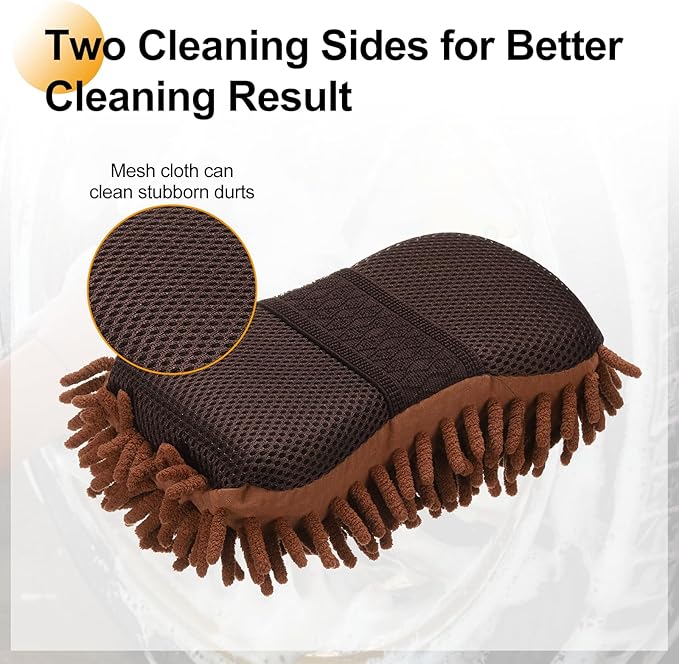 HARFINGTON Car Wash Sponge 8.7" x 4.3" Chenille Microfiber Mitt Scratch-Free Absorbent Scour Scrubber Cleaning Sponge for Washing Detailing on Cars, Trucks, SUV, Boats, RVs, Coffee