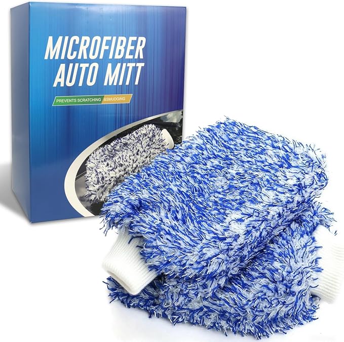 Microfiber Car Wash Mitt, Car Sponge Wrapped in Soft, Plush Fiber Cloth Material, Holds Tons of Sudsy Water for Effective Washing, Lint Free, Scratch Free, for Cars, Motorcycles (Blue 2 pack)