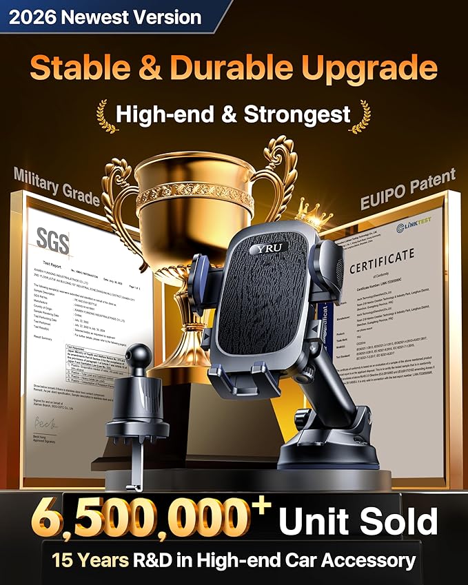 YRU True Military-Grade [360° Rotation Suction] 2026 Ultimate Car Phone Holder Mount 【90+LBS Safest Strongest & Patent Certs】 Dashboard Windshield Vent for iPhone 17 16 Pro Max Samsung, Jet Black