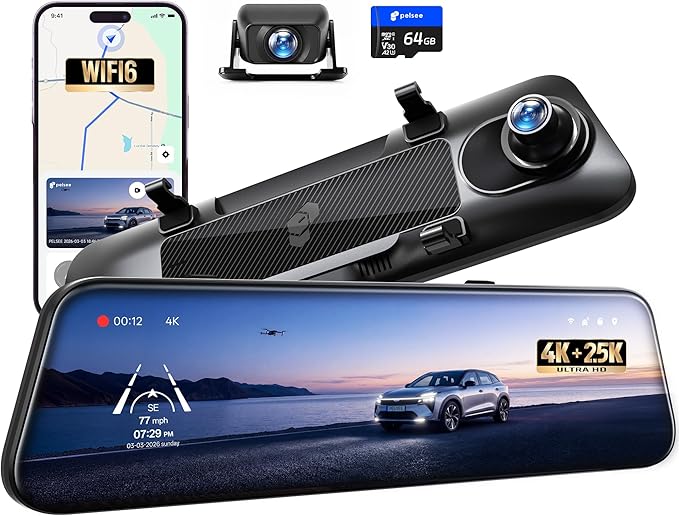 Pelsee S12 Native 4K + 2.5K Rear View Mirror Camera, Mirror Dash Cam w/ 8MP Sensor, Telephoto Lens, Color Night Vision, WiFi 6 30MB/s Download, GPS, 64GB Card Included, Backup Camera for Car Truck SUV