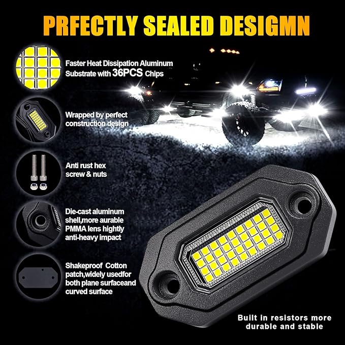 4Pods Metal Bright Pure White LED Rock Lights Kit,Per pod provided 15FT Power Cord,6500K 36LEDs Neon Underglow Light Aluminum Waterproof Fender Lights for Trucks Trailer Jeep Off Road ATV UTV