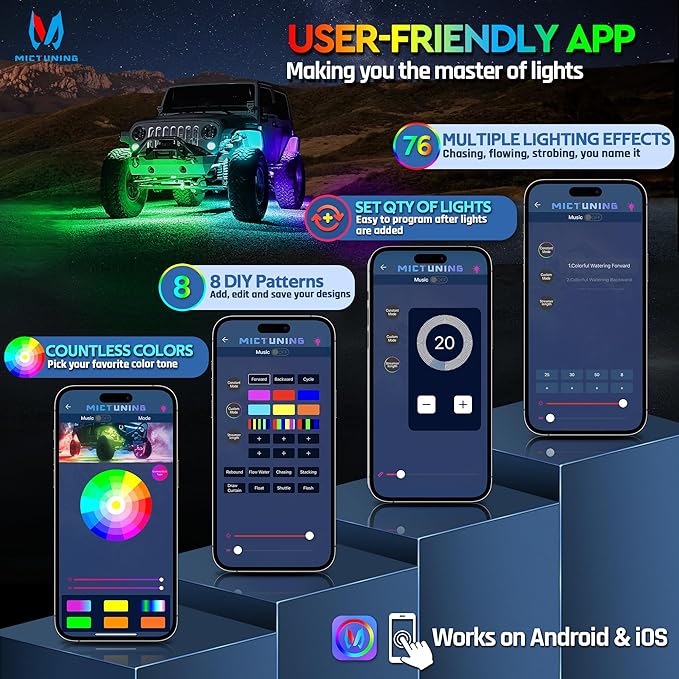 MICTUNING C2 Max RGB+IC Chasing Color Rock Lights - 8 Pods Underglow Lighting Kit, Dynamic Lighting Modes, Extensible Up to 24 Pods with Stable APP Control, IP68 Waterproof, DIY Effect