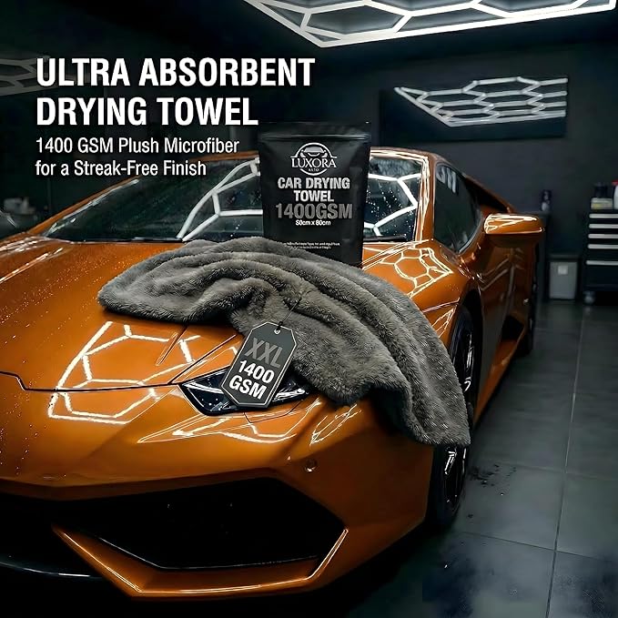 Car Drying Towel Extra Large 36" x 24" 1400 GSM Twisted Loop Microfibre - Charcoal Drying Towel Car Detailing, Double-Sided Edgeless Design, Super Absorbent, Durable Machine Washable and Lint-Free