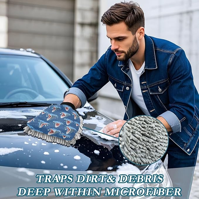 Qilmy Cartoon Sharks Pattern Microfiber Chenille Car Wash Sponge Scratch Free Car Wash Mitt Absorbent Mitt Sponge for Trucks SUVs Car Washing Home Cleaning, Large