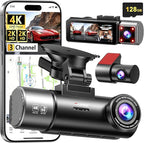 4K+2K+2K 3 Channel Dash Cam Front and Rear, 128GB Card Included, Dash Camera for Cars 5.8G/2.4G Dual Wifi, Built-in GPS, Night Vision, WDR, 170°Wide Angle, G-Sensor Emergency Lock, 24H Parking Monitor