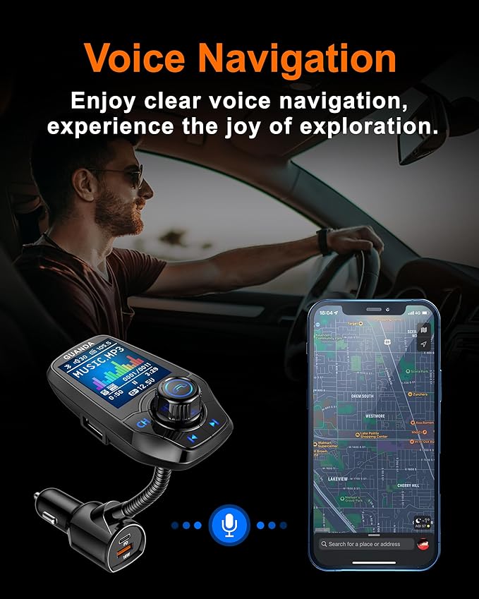 Upgraded Bluetooth 5.3 FM Transmitter for Car, Wireless Radio Adapter Kit W 1.8" Color Display Hands-Free Call AUX in/Out SD/TF Card USB Charger PD 20W for All Smartphones Audio Players - Black