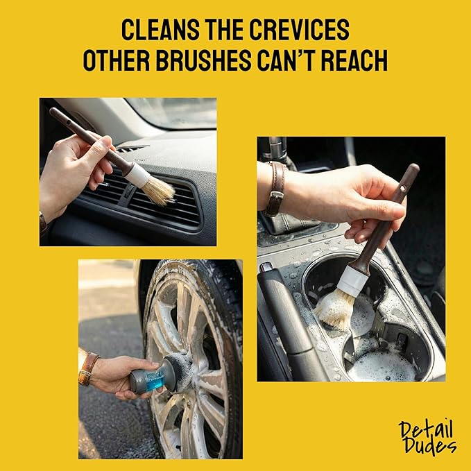 Detail Dudes Car Detailing Brush Set 9-pc - Boars Hair Brushes Plus Wheel Cleaner, Tire Brush and Dressing Applicator - Car Cleaning Kit for Leather Seats, Dashboards, Wheels, Grills and Paint