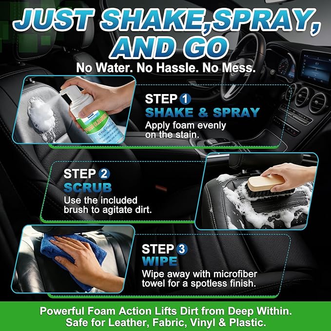Car Interior Foam Cleaner – All-in-One Auto Detailing Kit with Soft Brush & Microfiber Towel – Safe for Leather, Vinyl, Fabric, Plastic Trim – No-Rinse Upholstery & Carpet Cleaner 150ml（5oz）