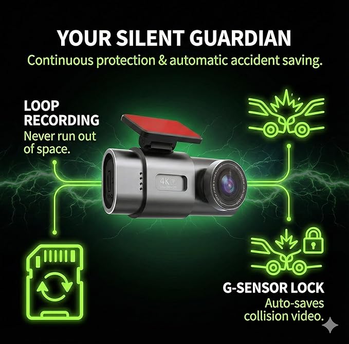 eCam 2-in-1 Dual Dash Cam with IR Night Vision & Car Plug - Full HD 4K UHD Front & Rear, Video Loop, Easy Installation, up to 128GB SD Card (not Included)
