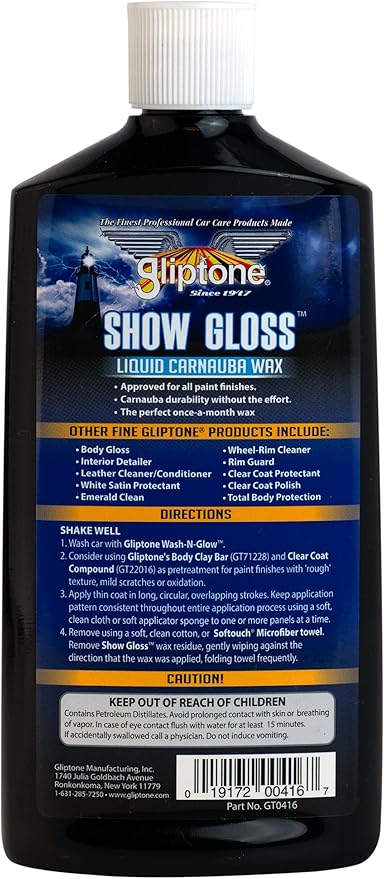 Gliptone Show Gloss Liquid Carnauba Wax, 16 oz. Deep Shine, Easy Application, Removes Tar, Sap and Road Film, Long-Lasting Protection for All Paint Finishes