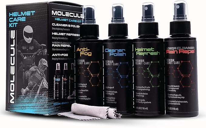Molecule Helmet Care Kit | Premium Helmet Care | Includes Anti-Fog, Cleaner Polish, Helmet Refresh, and Rain Repel | Cleans and Details Helmets, Visors, and Goggles | 4 Ounces (1 Kit)
