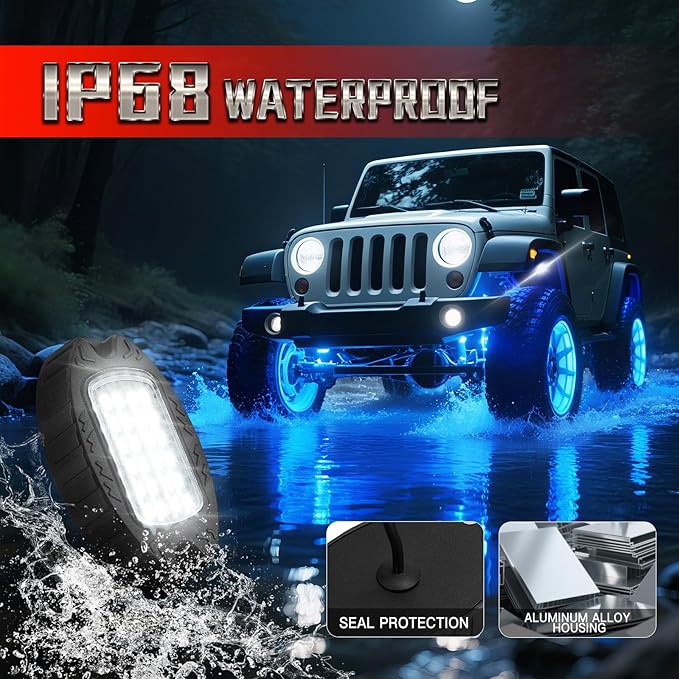 6 Pods Alloy RGBW Rock Lights，LED Upgraded RGB Underglow Lights for ATV UTV Golf Cart Truck RZR SXS Offroad Jeeps, Waterproof Metal Multicolor Neon Underglow Kit with APP/RF Remote Music Mode,12V