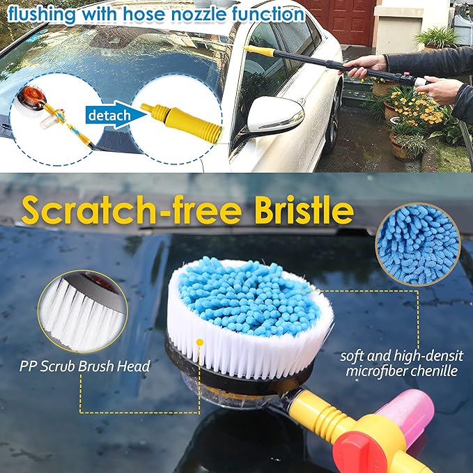 Car Wash Brush with Hose Attachment, 360 Spin Car Wash Brush with Soap Dispenser, Soft Bristle Car Cleaning Brush Mop Scrub Brush, Flow Through Car Washing Brush Kit Long Handle (Yellow)