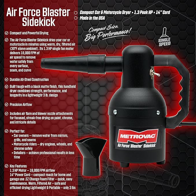 MetroVac Air Force Blaster Sidekick SK-1 Motorcycle & Car Dryer with 14 inches Cord and Matte Finish for Profesional Motorcycle & Car Detailing, Made in the USA