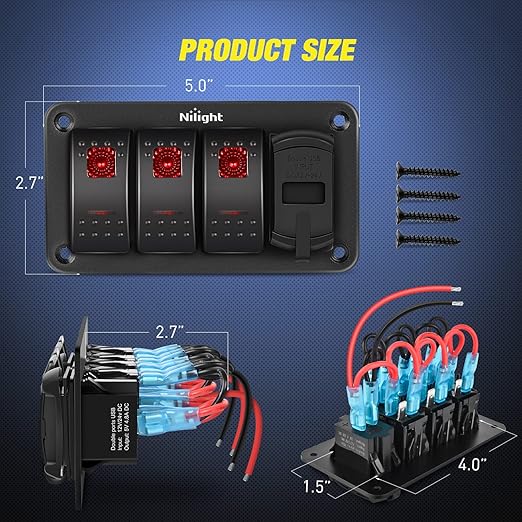 Nilight 3 Gang Rocker Switch Panel Green Backlit with 4.8 Amp Dual USB Charger Voltmeter Waterproof 12V 24V DC Night Glow Stickers for Cars Trucks Boats RVs
