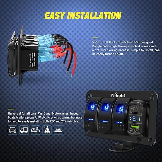 Nilight 3 Gang Rocker Switch Box 12V SPST ON Off PD Type C and QC 3.0 USB Charger Voltmeter Waterproof Aluminum Panel DIY Stickers for Boats Cars RVs Trucks