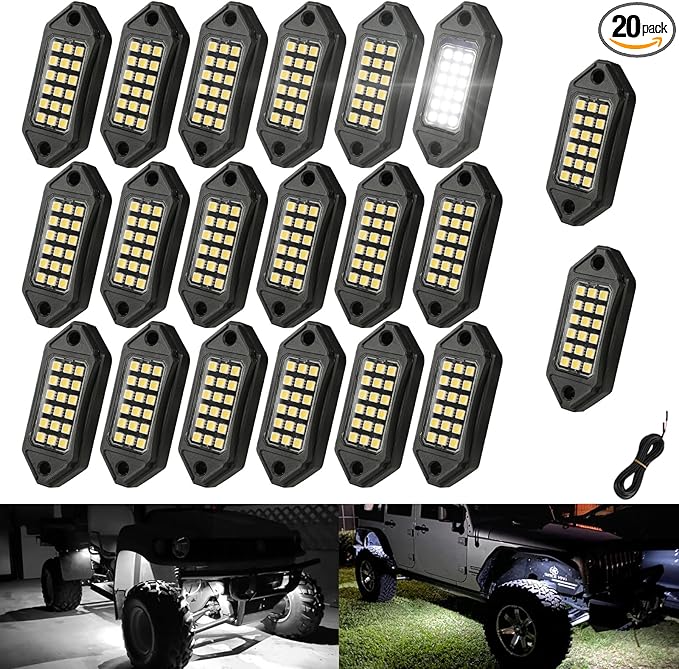 SUNPIE White Rock Lights, 20 Pods LED Rock Lights Underglow kit IP67 Waterproof Underglow Light kit for Trucks Car Jeep ATV UTV SUV Pickup Off Road RZR Under Body Glow Light Trail Lighting