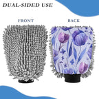 Kigai Purple Flowers Car Wash Mitt 2PCS Ultra Absorbent Chenille Microfiber Car Washing Glove Scratch Free Lint Free Wash Sponge Auto Cleaning Glove, 10.2x7.1 inch