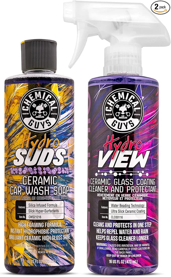 Chemical Guys HydroSuds Ceramic Car Wash Soap and HydroView Ceramic Glass Cleaner & Coating Bundle (2-16 oz Bottles)