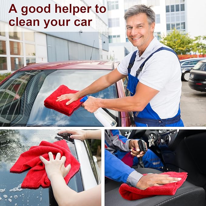 Shimeyao 30 Pcs Edgeless Microfiber Plush Towels for Cars Detailing Drying Wash Polishing Absorbent Cleaning Cloths, 500 GSM (16 x 16 Inch,Red)