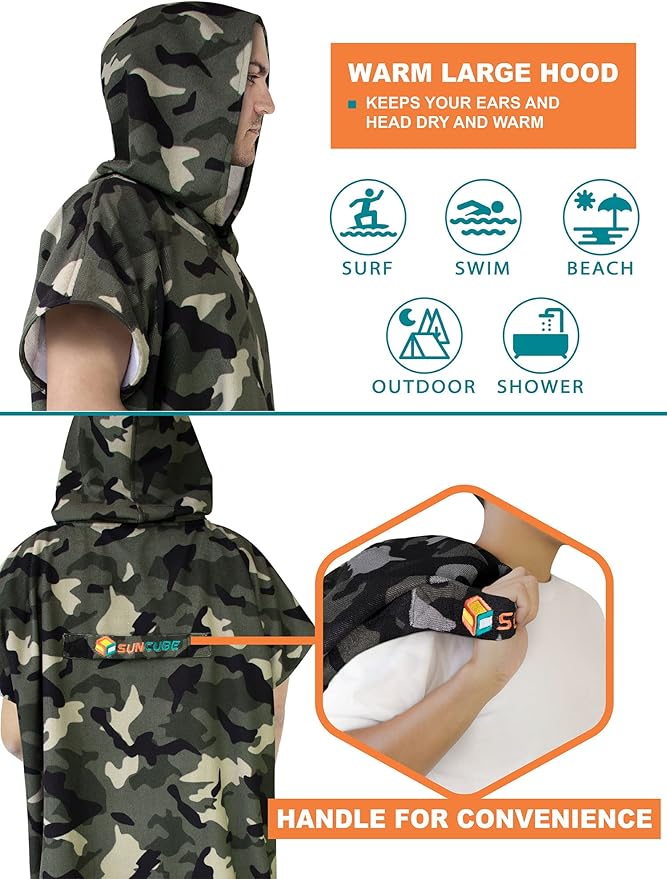 SUN CUBE Surf Poncho Changing Robe with Hood | Absorbent Quick Dry Microfiber Wetsuit Changing Towel with Pocket for Surfing Men Women