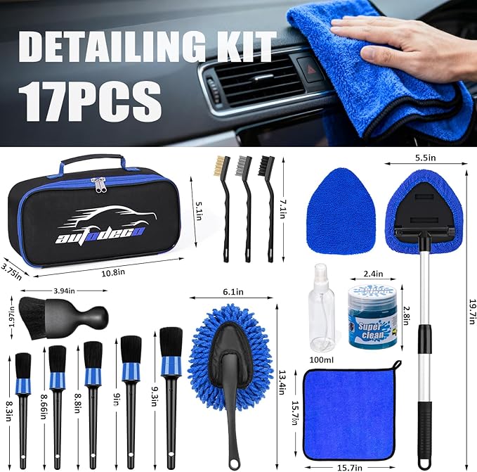 AUTODECO Windshield Cleaner Tool, 17Pcs Car Interior Detailing Kit, Detailing Brush, Towels, Duster, Car Cleaning Kit Interior for RVs, Truck, Trailer (Blue)