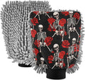 Qilmy Skeleton Rose Pattern Microfiber Chenille Car Wash Sponge Scratch Free Car Wash Mitt Absorbent Mitt Sponge for Trucks SUVs Car Washing Home Cleaning, Medium