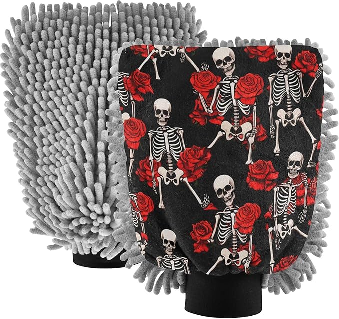Qilmy Skeleton Rose Pattern Microfiber Chenille Car Wash Sponge Scratch Free Car Wash Mitt Absorbent Mitt Sponge for Trucks SUVs Car Washing Home Cleaning, Large