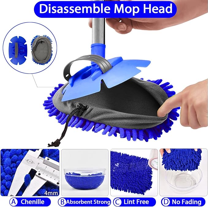 WillingHeart 63" Car Wash Mop Brush Tool Mitt with Long Handle Length More Suitable for Washing American Cars Truck, SUV, RV, Trailer, 2 in 1 Chenille Microfiber Duster Not Hurt Paint Scratch Free
