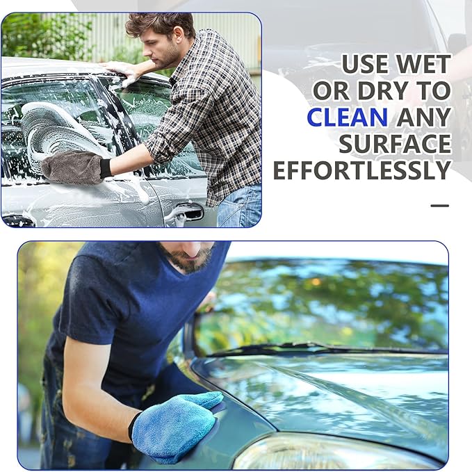 Teenyyou 6 Pcs Microfiber Dusting Mitt Car Wash Mitts Cleaning Glove with Thumb Reusable Terry Dusting Gloves with Elastic Wrist Cuff for Car Wheel Plants House Kitchen(Blue, Grey,8.85 x 7.08 Inch)