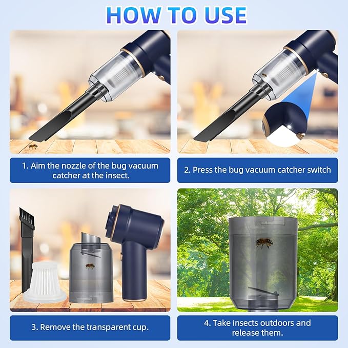 Jahy2Tech 2026 New Bug Vacuum with Long Nozzle for Adults&Kids&Garden, 5 in 1 Handheld Fly Vacuum Catcher for Spider Insect Wasps Bees Ants Ladybugs, Humane Indoor/Outdoor Cordless Catch and Release